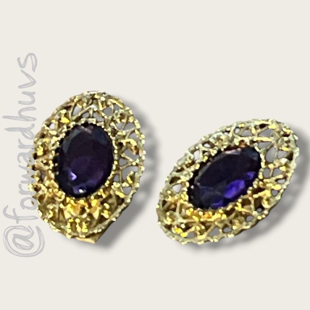 Sarah Coventry Purple Cabochon Filigree Clip Earrings Gold Tone Vintage - Picture 2 of 6